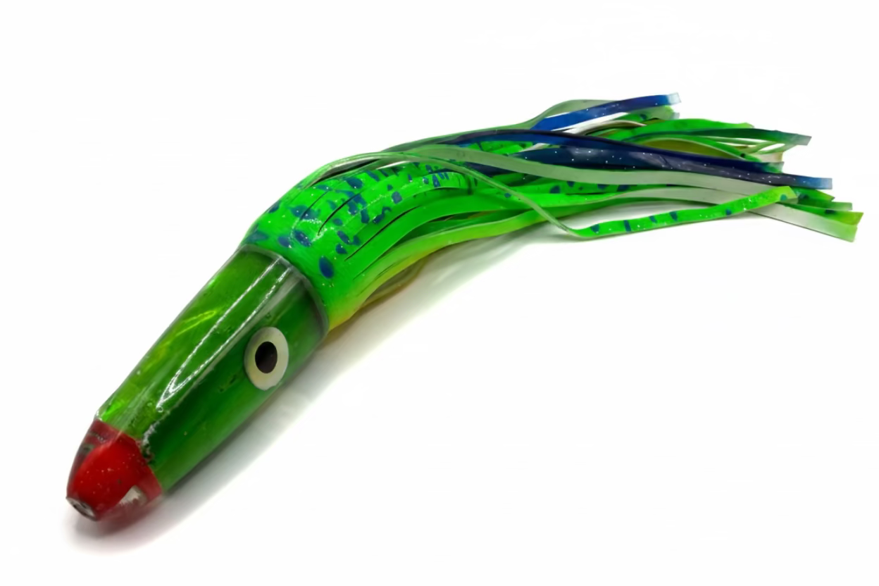 Green and blue fishing lure on a white surface