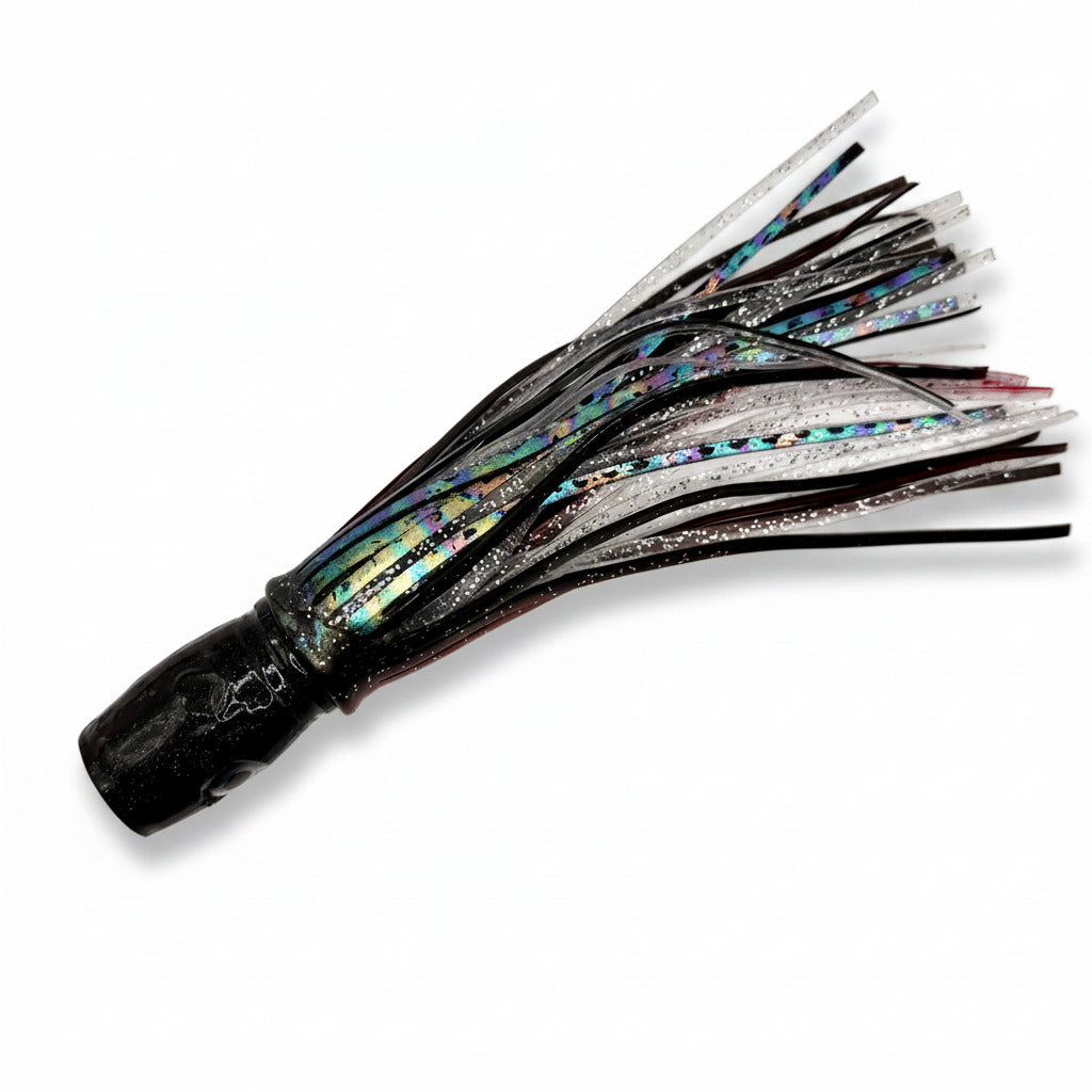Offshore trolling lure with abalone resin head and glittered skirt for tuna and marlin fishing