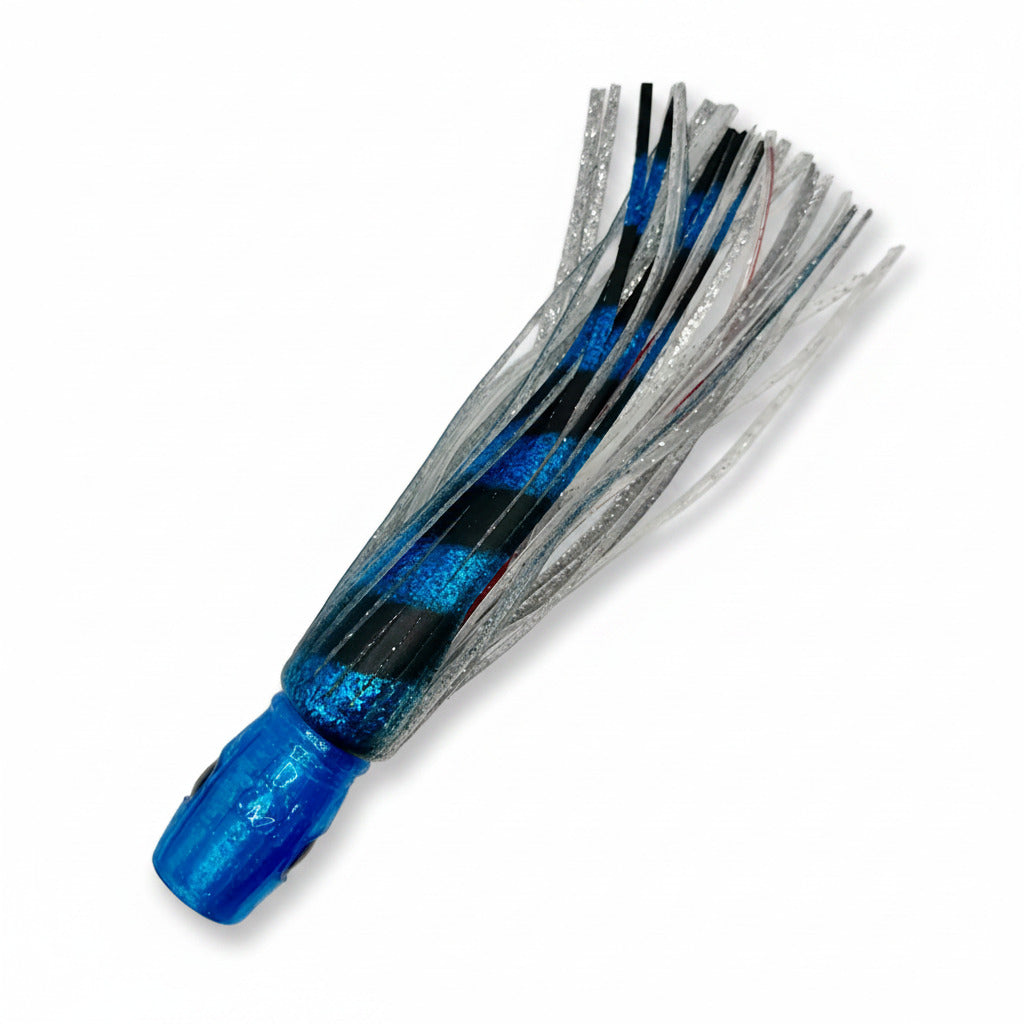 Blue offshore trolling lure with silver skirt and abalone resin design for tuna and marlin