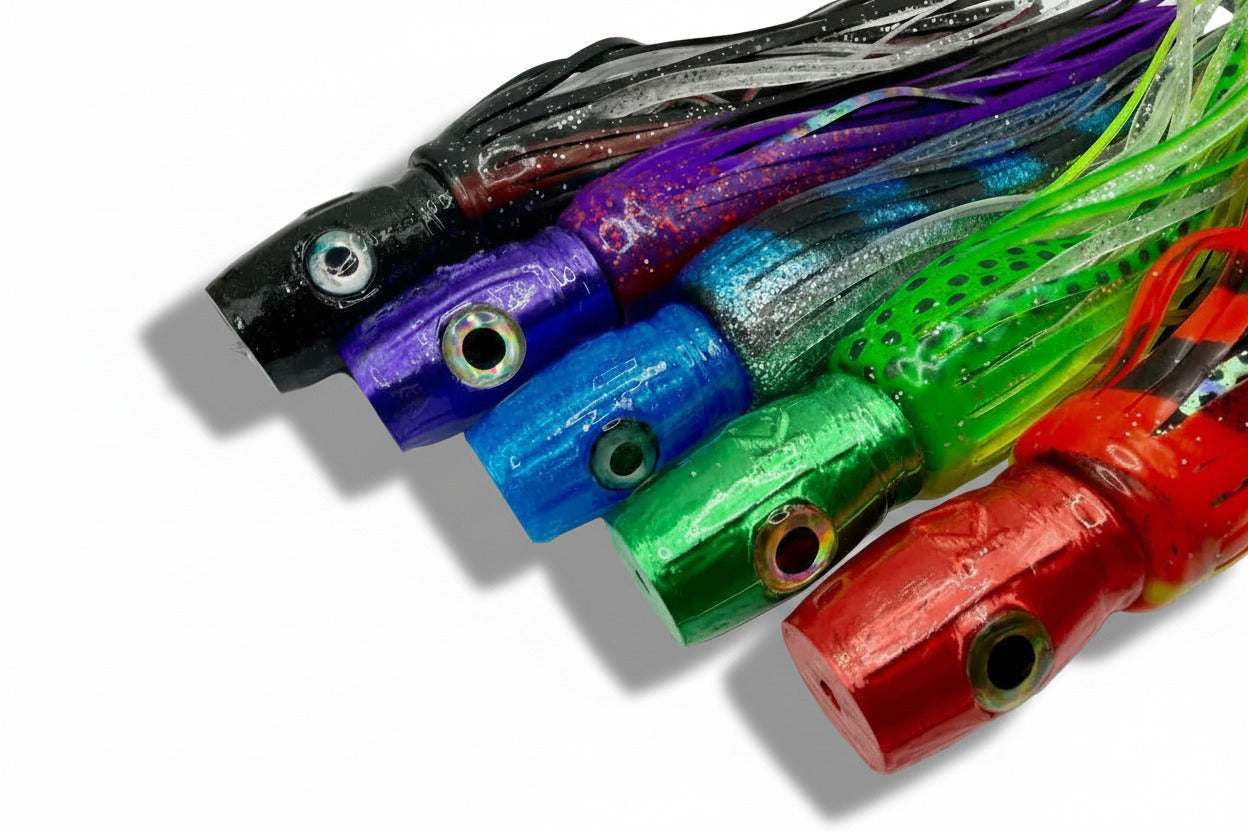 Colorful offshore trolling lures with abalone resin heads and flash skirts for fishing