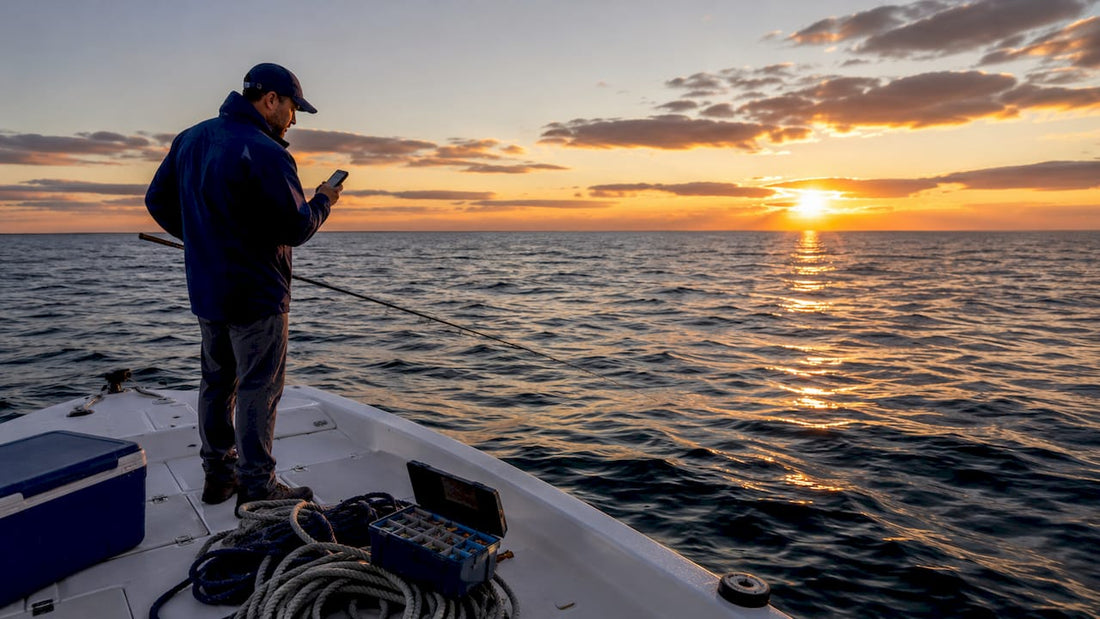 Angler checking ocean current with flow meter offshore
