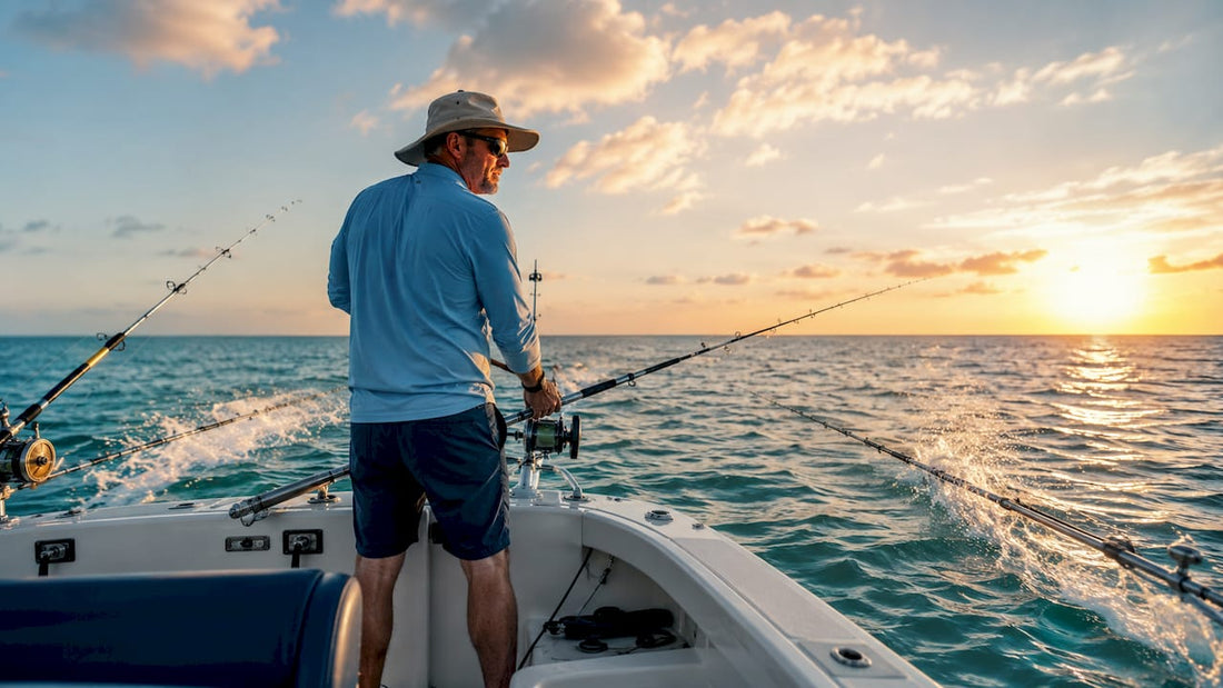 Angler trolling for fish offshore from boat