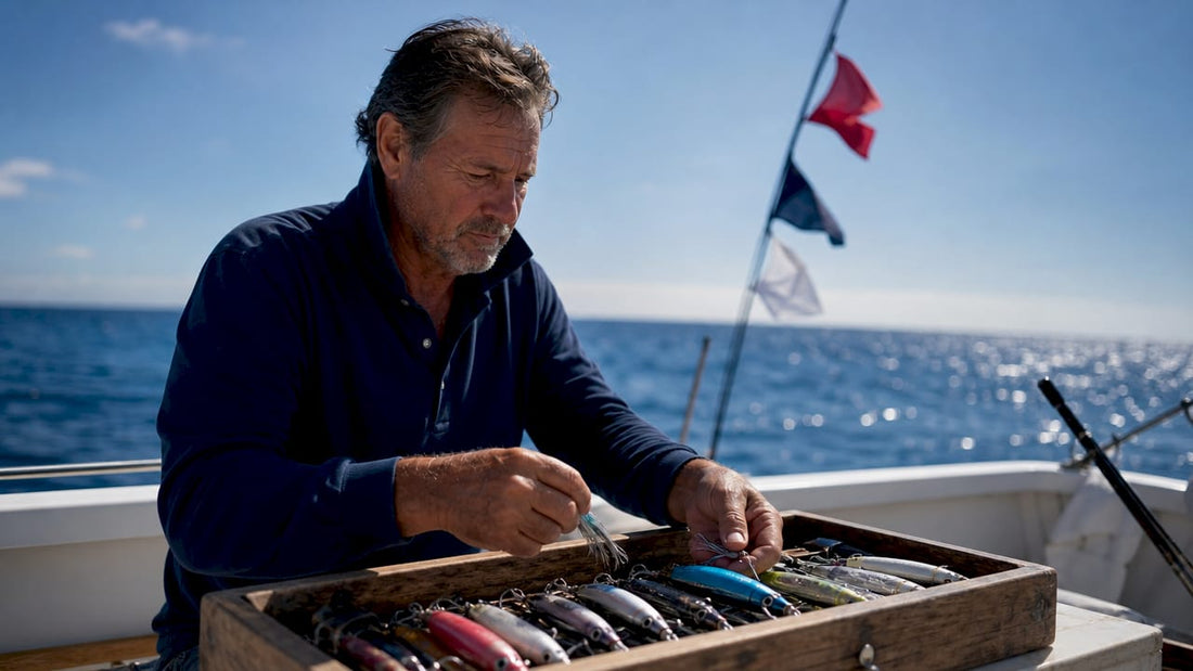 Angler preparing tournament lures on fishing boat