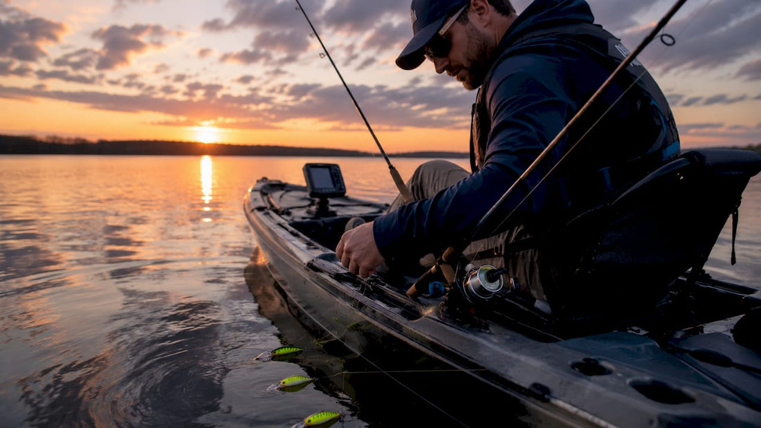 Angler adjusting trolling lure on boat at sunrise