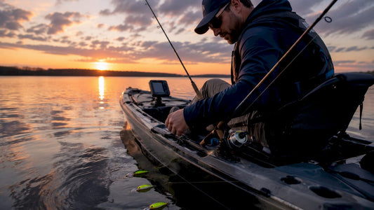 Angler adjusting trolling lure on boat at sunrise