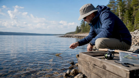 Angler observing swimming lure action on lake dock