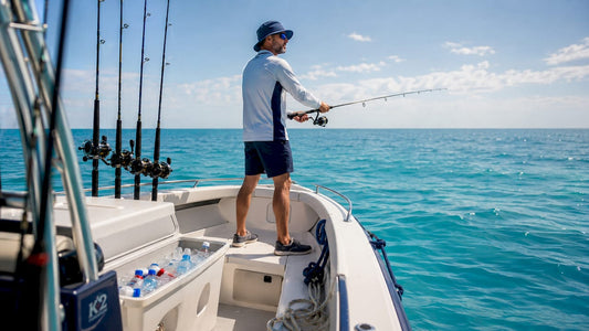 Angler on offshore fishing boat preparing to cast