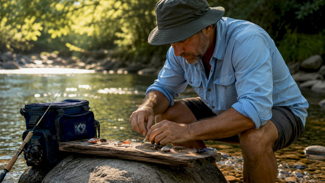Angler selecting fishing lures in river at dawn
