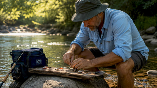Angler selecting fishing lures in river at dawn