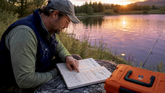 Angler reviewing fishing logbook on boat deck