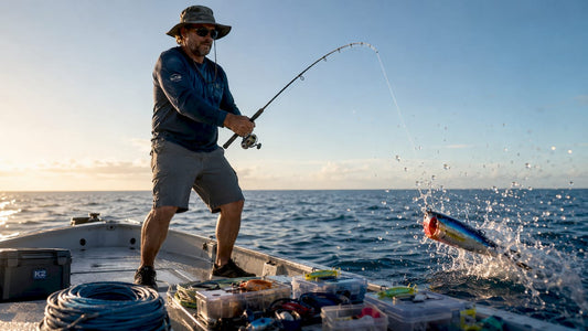 Angler retrieving surface popper lure on ocean boat