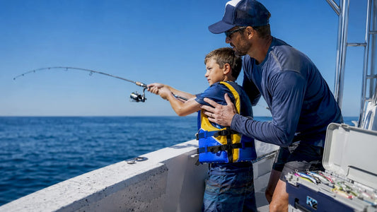 Boy fishing offshore with parent on boat