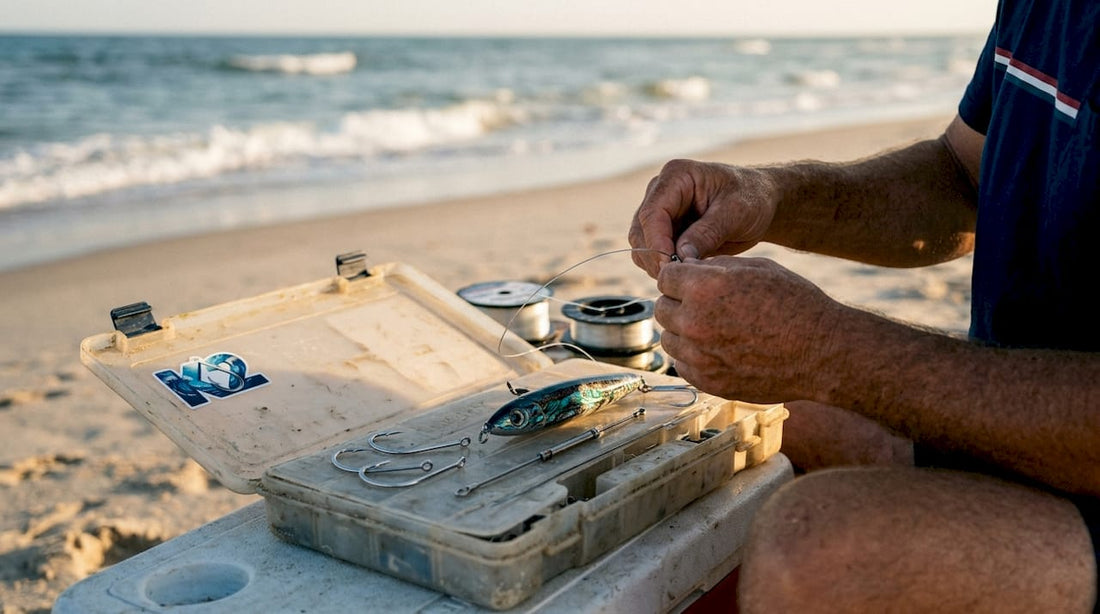 Close-up of hands assembling offshore lure
