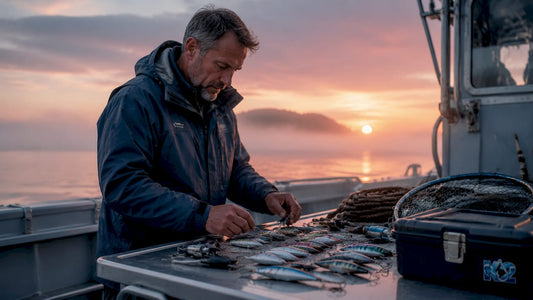 Angler inspecting professional-grade fishing lures on boat deck
