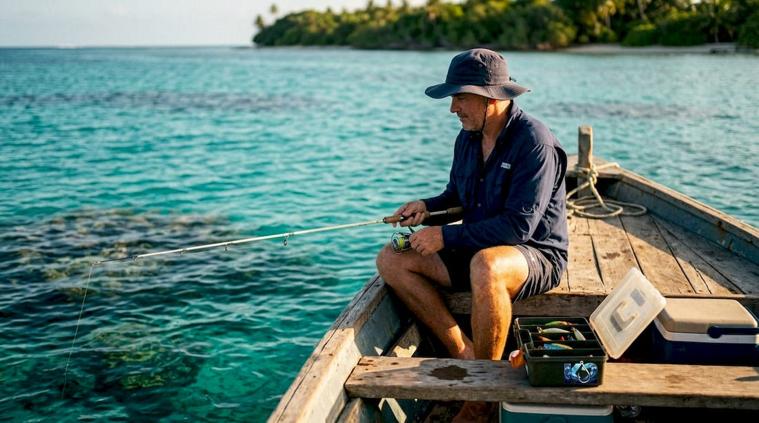 Angler reef fishing from anchored boat over coral reef
