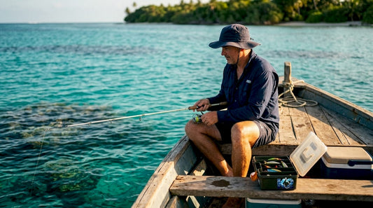 Angler reef fishing from anchored boat over coral reef