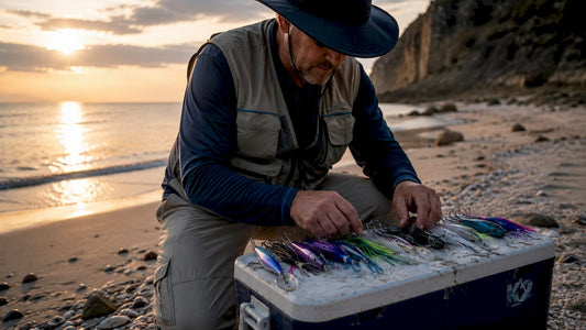 Angler inspecting offshore fishing lures on boat deck