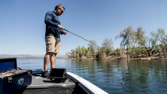 Angler fishing with lure sinking in lake water at dawn