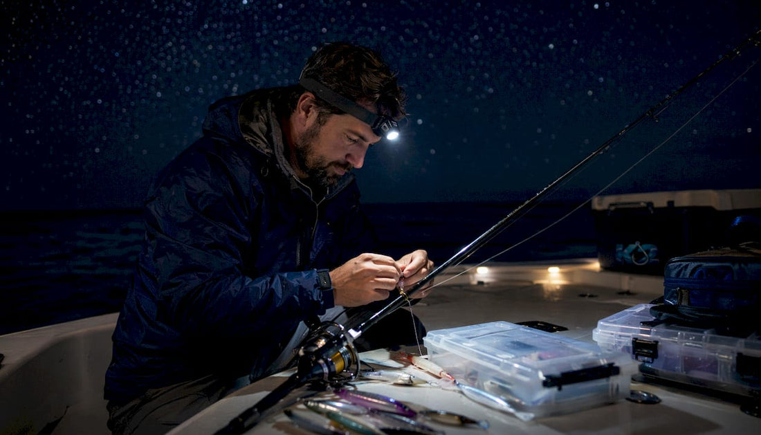 Angler rigging rod on boat at night