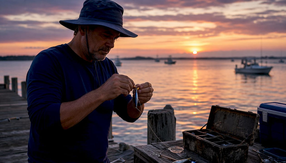 Fisherman preparing trolling lure rig on boat deck