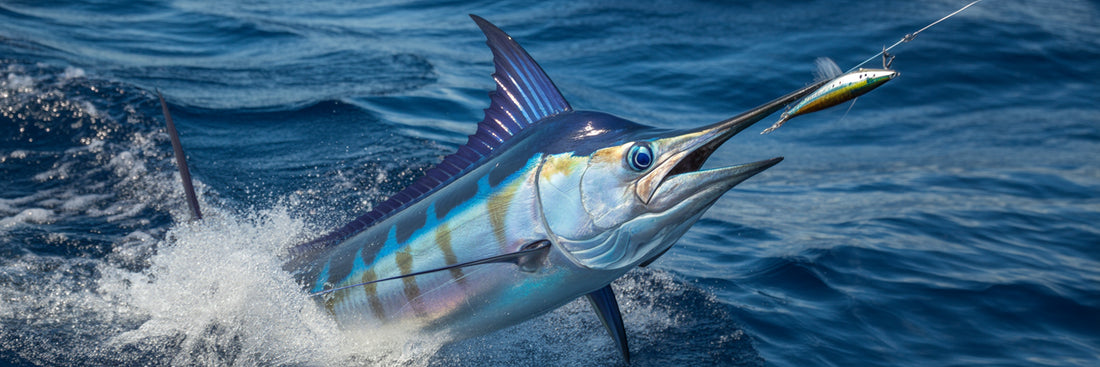 Blue marlin jumping offshore.