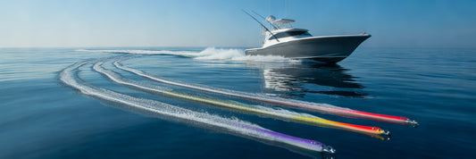 Offshore boat with trolling lure spread