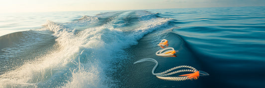 Offshore trolling lures in boat wake.