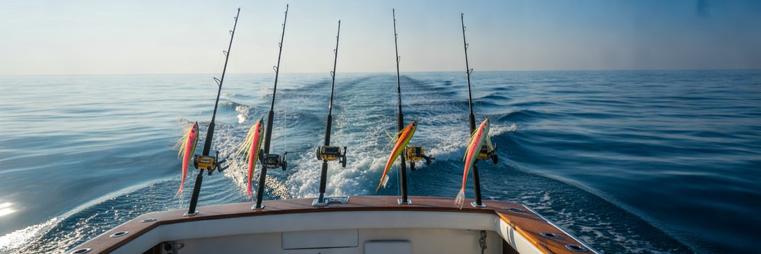 Offshore trolling with multiple rods.