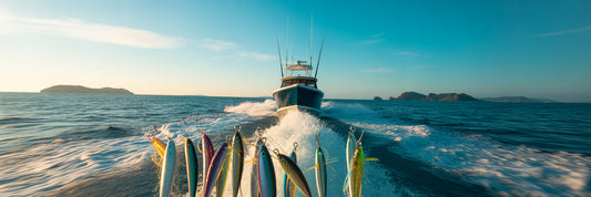 Offshore trolling lures in a boat's wake.