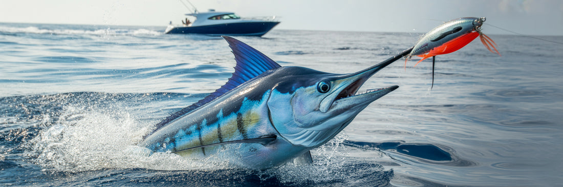 Blue marlin striking an offshore trolling lure.