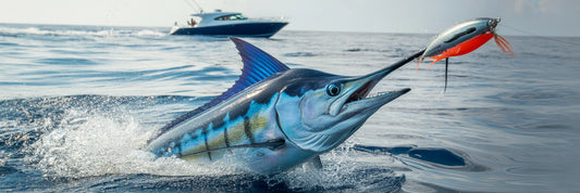 Blue marlin striking an offshore trolling lure.