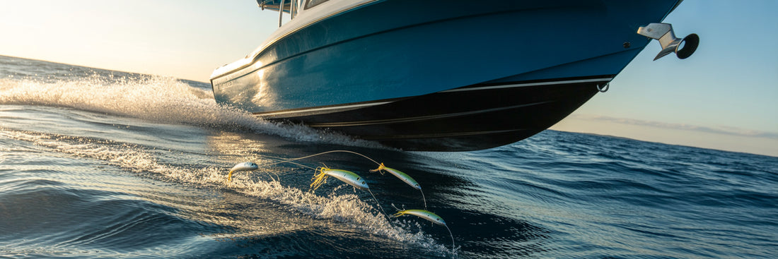 Offshore sportfishing boat trolling lures.