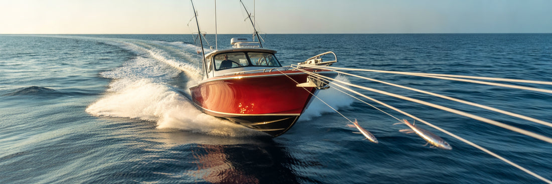 Offshore fishing boat with trolling spread