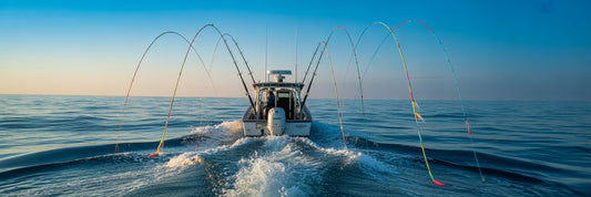 Offshore boat with trolling lure spread.