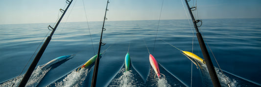 Offshore trolling setup from a sportfishing boat.