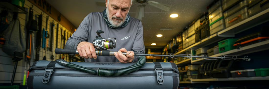 Angler packing fishing rod for travel.