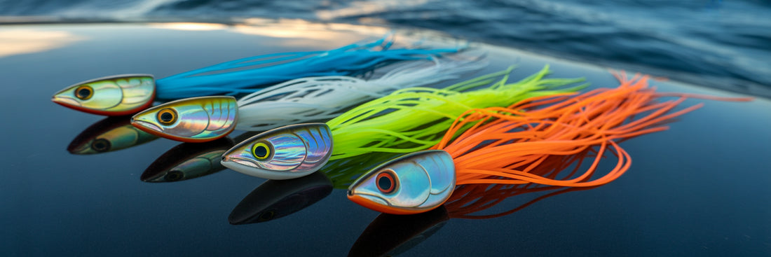 High-performance offshore trolling lures on deck.