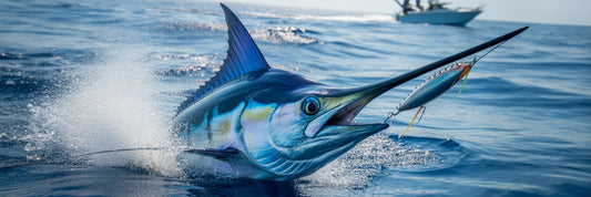 Blue marlin striking an offshore lure.