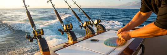 Offshore trolling rods at sunset.