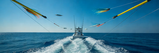 Sportfishing boat trolling with multiple lures.