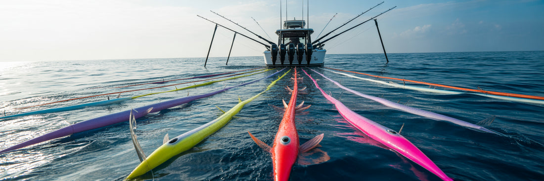 Big-game fishing trolling setup spread