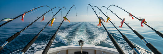 Offshore boat trolling lure spread.