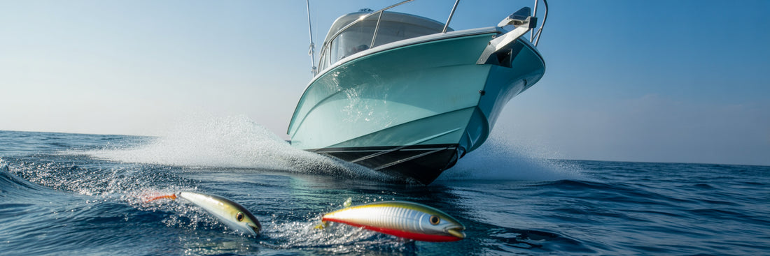 Offshore trolling lures in boat wake