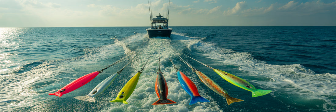 Offshore trolling lure spread in boat wake