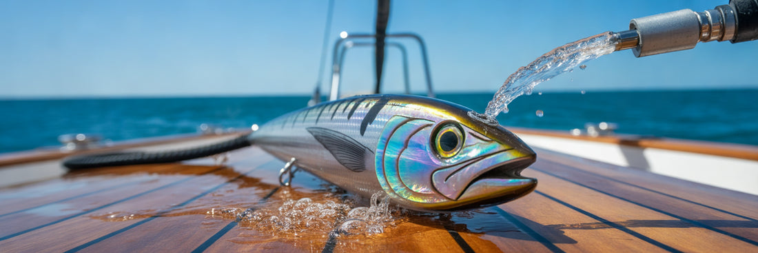 Rinsing an offshore trolling lure after fishing.