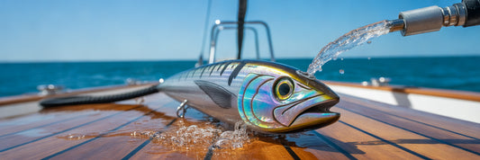 Rinsing an offshore trolling lure after fishing.