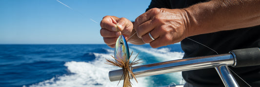 Angler rigging an offshore trolling lure.