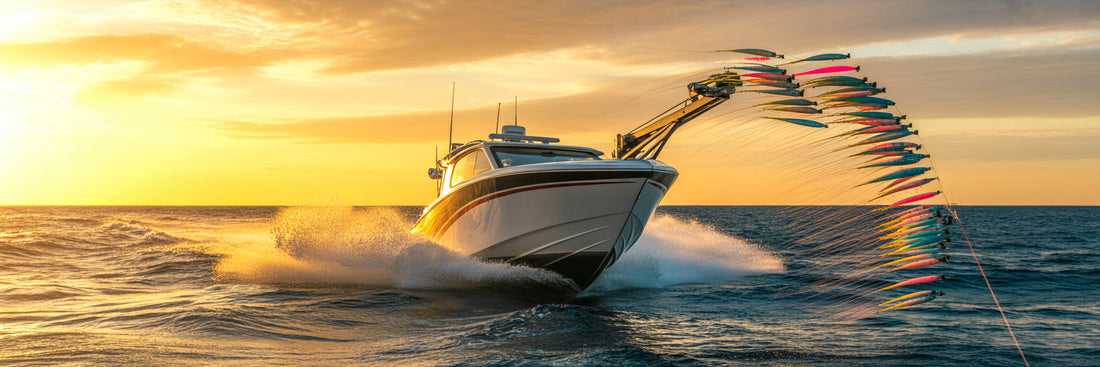 Offshore fishing boat with trolling spread.
