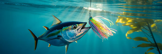 Blackfin tuna striking trolling lure