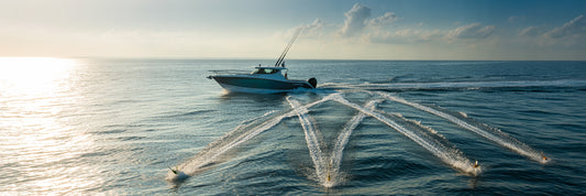 Offshore boat with five trolling lure patterns.
